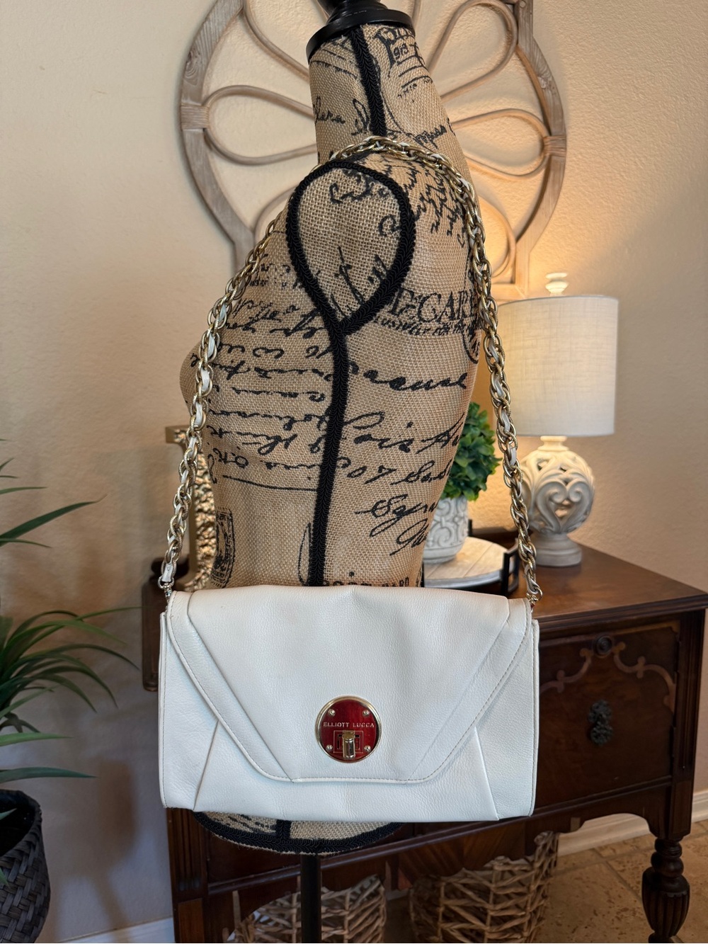Elliott Lucca White Leather Shoulder Bag with Braided Chain Strap